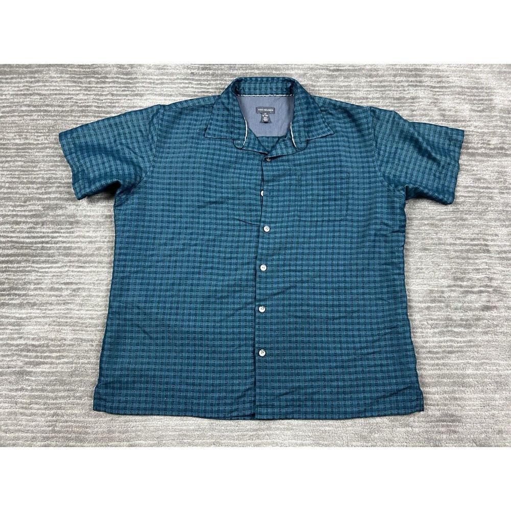 Van Heusen‎ Shirt Mens Large 16-16.5 Green Shortsleeve Button Up Rayon Blend